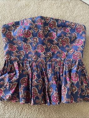 J. Crew Strapless Peplum Top in Blue with Pink Paisley Print